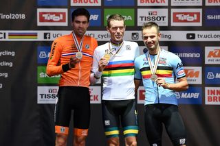 The 2018 UCI Road World championships time trial podium: Tom Dumoulin, Rohan Dennis and Victor Campenaerts