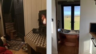Susan Griffin's digital detox escape with views of the fireplace and bathtub