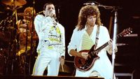 Brian MAY and Freddie MERCURY and QUEEN, L-R: Freddie Mercury and Brian May performing live on stage 
