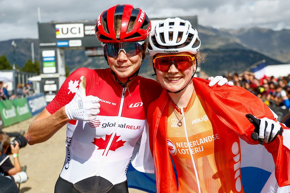 Picture by Javier Mart&Atilde;&shy;nez/SWpix.com - 01/09/2024 - Cycling - 2024 UCI Mountain Bike World Championships - Pal Arinsal, Arinsal, Andorra - Women Elite &amp; Women Under 23 Cross-country Olympic Final - (R) Puck Pieterse (Netherlands) wins Elite Women Cross-country Olympic Final with (L) Isabella Holmgren (Canada) wins Under 23 Cross-country Olympic Final