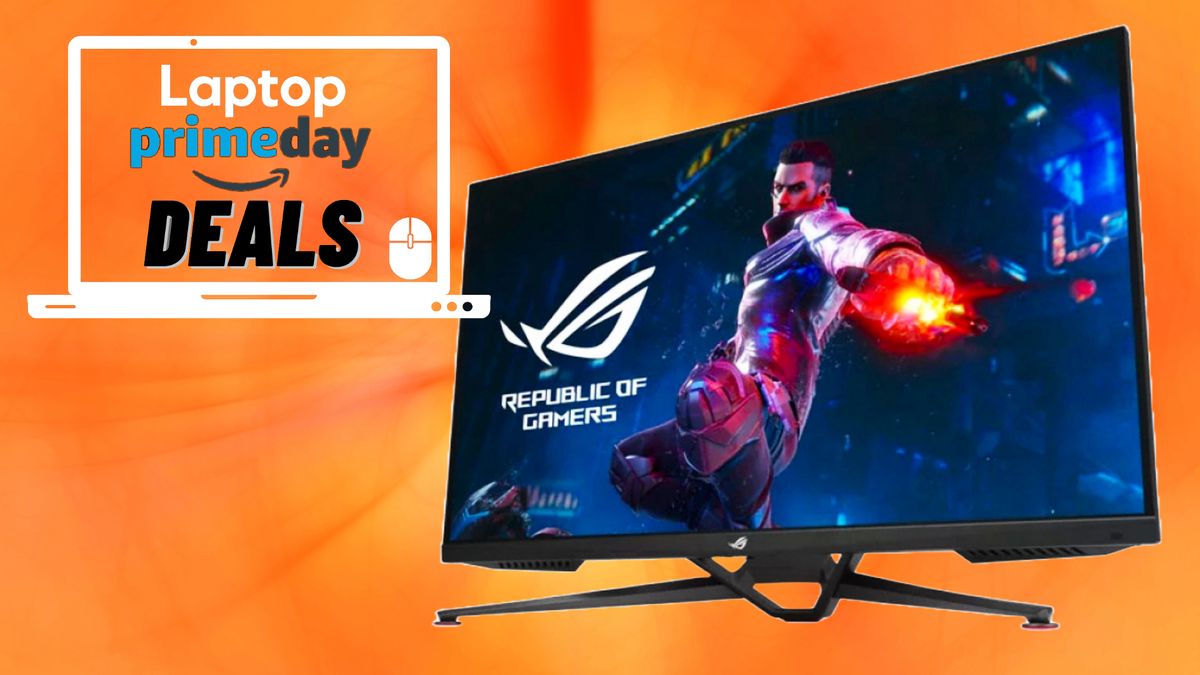 The ASUS ROG Swift PG38UQ gaming monitor with a Laptop Mag deals icon in front of an abstract orange background