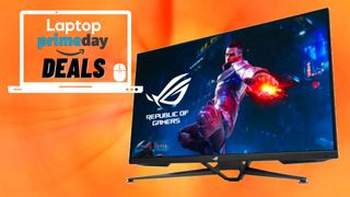 The ASUS ROG Swift PG38UQ gaming monitor with a Laptop Mag deals icon in front of an abstract orange background