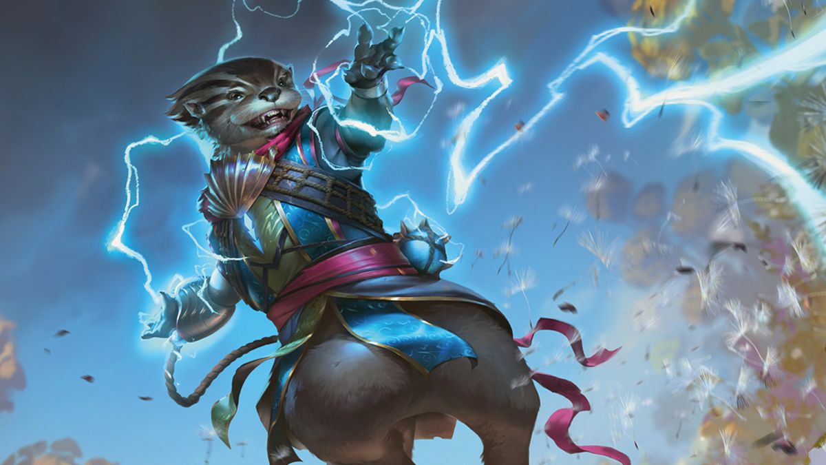 An otter fires lightning from gauntlet devices in Bloomburrow