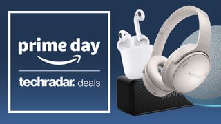 'Prime day' logo with headphones and Bluetooth speaker on a blue background
