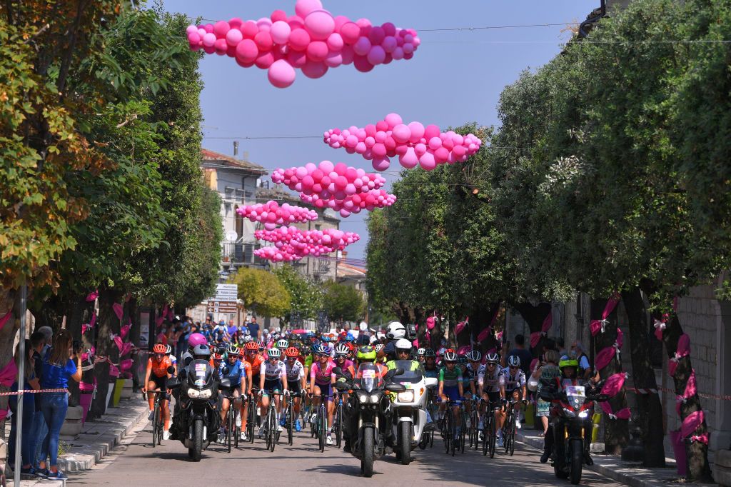 SANMARCOLACATOLA ITALY SEPTEMBER 18 Start Mikayla Harvey of New Zealand and Team Paule Ka White Best Young Jersey Katarzyna Niewiadoma of Poland and Team Canyon SRAM Racing Pink Leader Jersey Marianne Vos of The Netherlands and Team CCC Liv Purple Points Jersey Elisabeth DeignanArmitstead of The United Kingdom and Team Trek Segafredo UCI Leader Jersey Cecilie Uttrup Ludwig of Denmark and Team FDJ Nouvelle Aquitaine Futuroscope Green Mountain Jersey Leah Kirchmann of Canada and Team Sunweb Peloton Castelnuovo City Public Fans Security Distance Landscape during the 31st Giro dItalia Internazionale Femminile 2020 Stage 8 a 915km stage from Castelnuovo della Daunia to San Marco la Catola 640m GiroRosaIccrea GiroRosa on September 18 2020 in San Marco la Catola Italy Photo by Luc ClaessenGetty Images