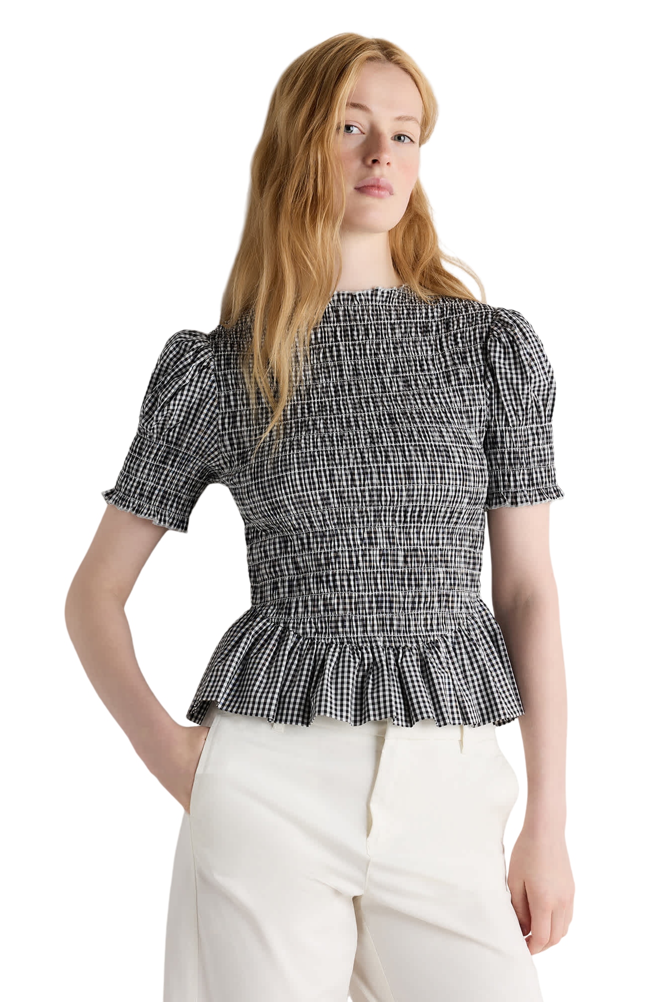 Smocked, shirt-sleeve Peplum Top in black-and-white gingham.