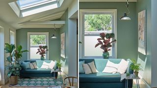 sage green garden room with roof lights