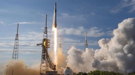 A SpaceX Falcon 9 rocket launches the company's Dragon spacecraft on the CRS-34 cargo mission to the ISS from Cape Canaveral Space Force Station on May 15, 2026.