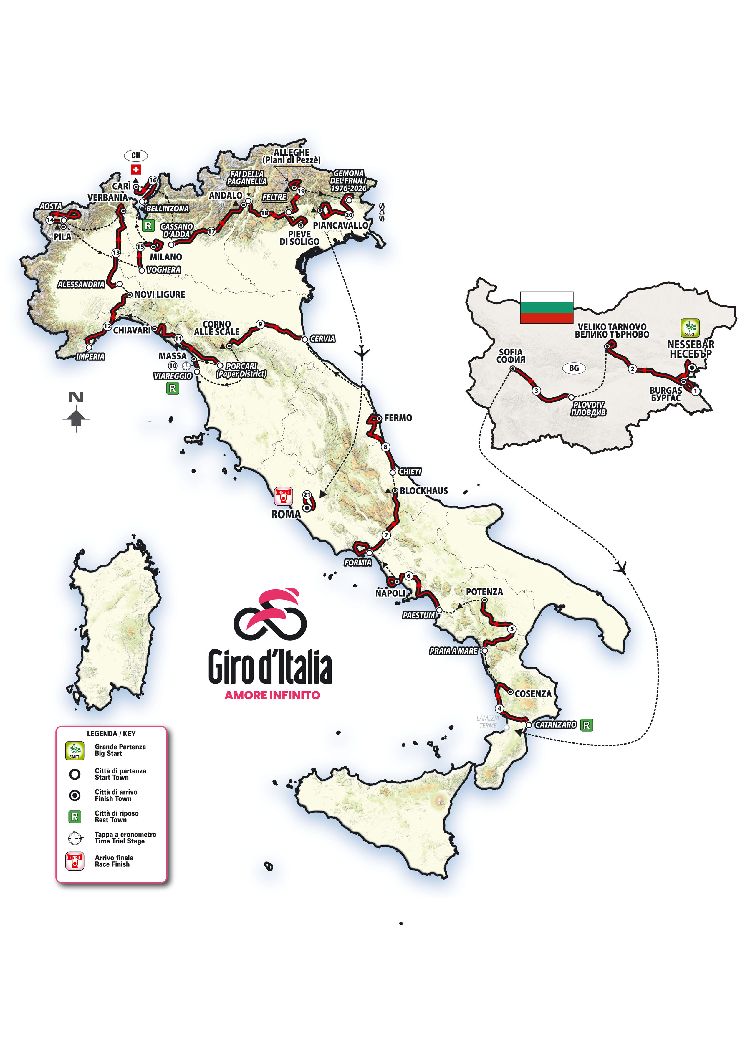 A map of Italy and Bulgaria with the stages. of the 2026 Giro d'Italia plotted on it