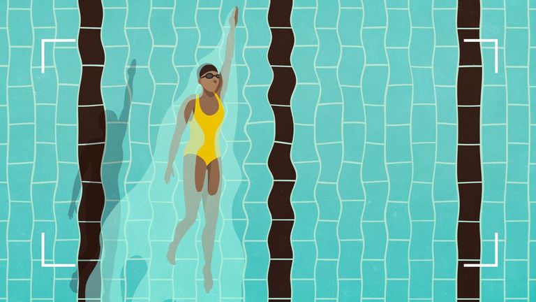 Woman in yellow swimming costume in a pool doing backstroke, an illustration of how long does it take to learn how to swim