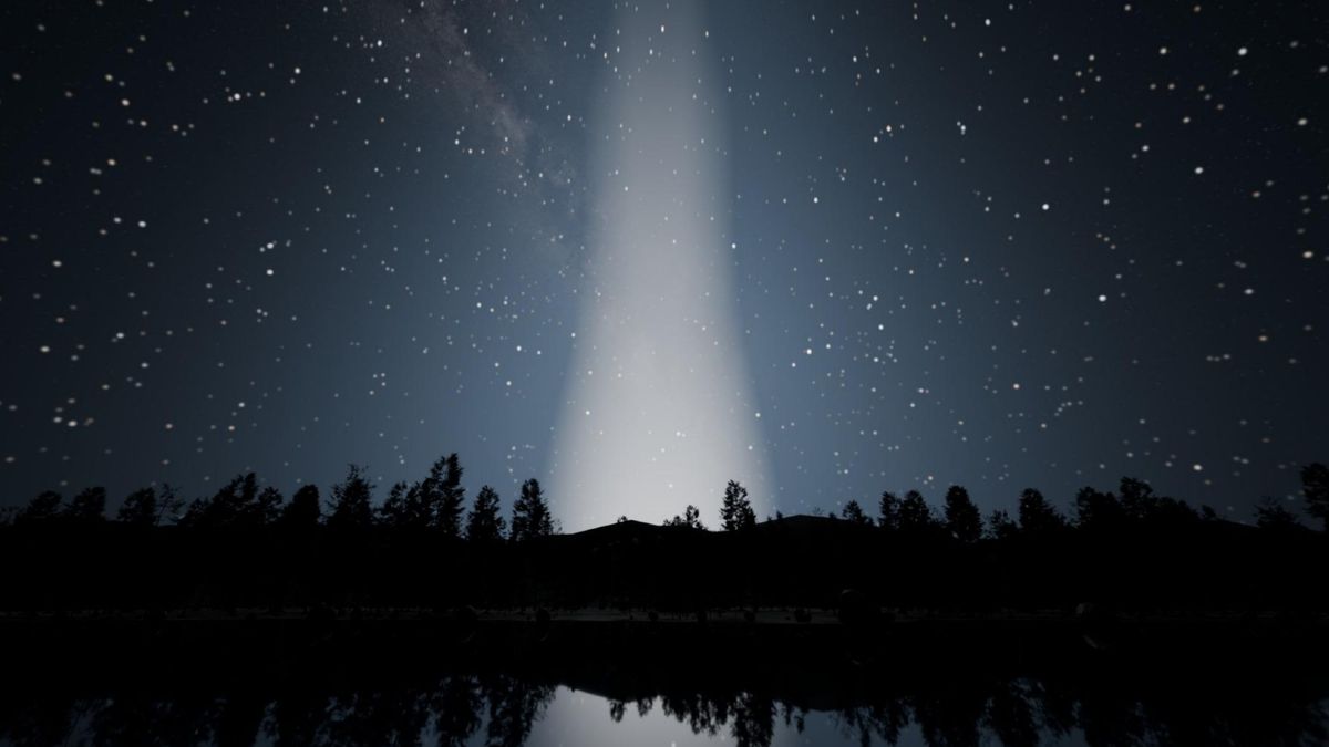 a bright beam of light obscures stars in the night sky