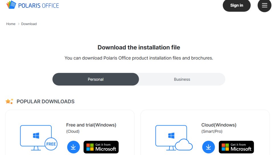 Website screenshot of Polaris Office (January, 2026)