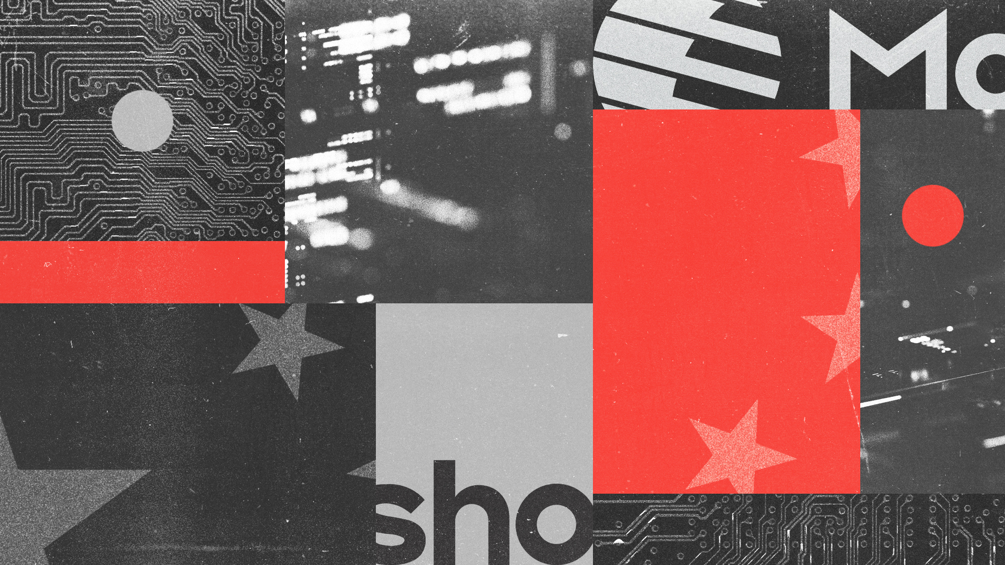 Photo composite illustration of the Moonshot logo, Chinese flag, computer motherboard and data server
