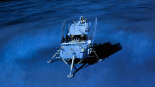 an illustration of a cube-shaped spacecraft landing on a grey dusty moon