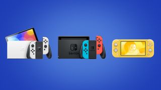 Tre Nintendo Switch-konsoller på en blå baggrund