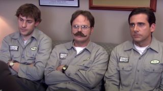 Jim, Dwight and Michael wearing warehouse disguises in The Office