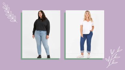 some of the best jeans for curvy women shown on two curvy models
