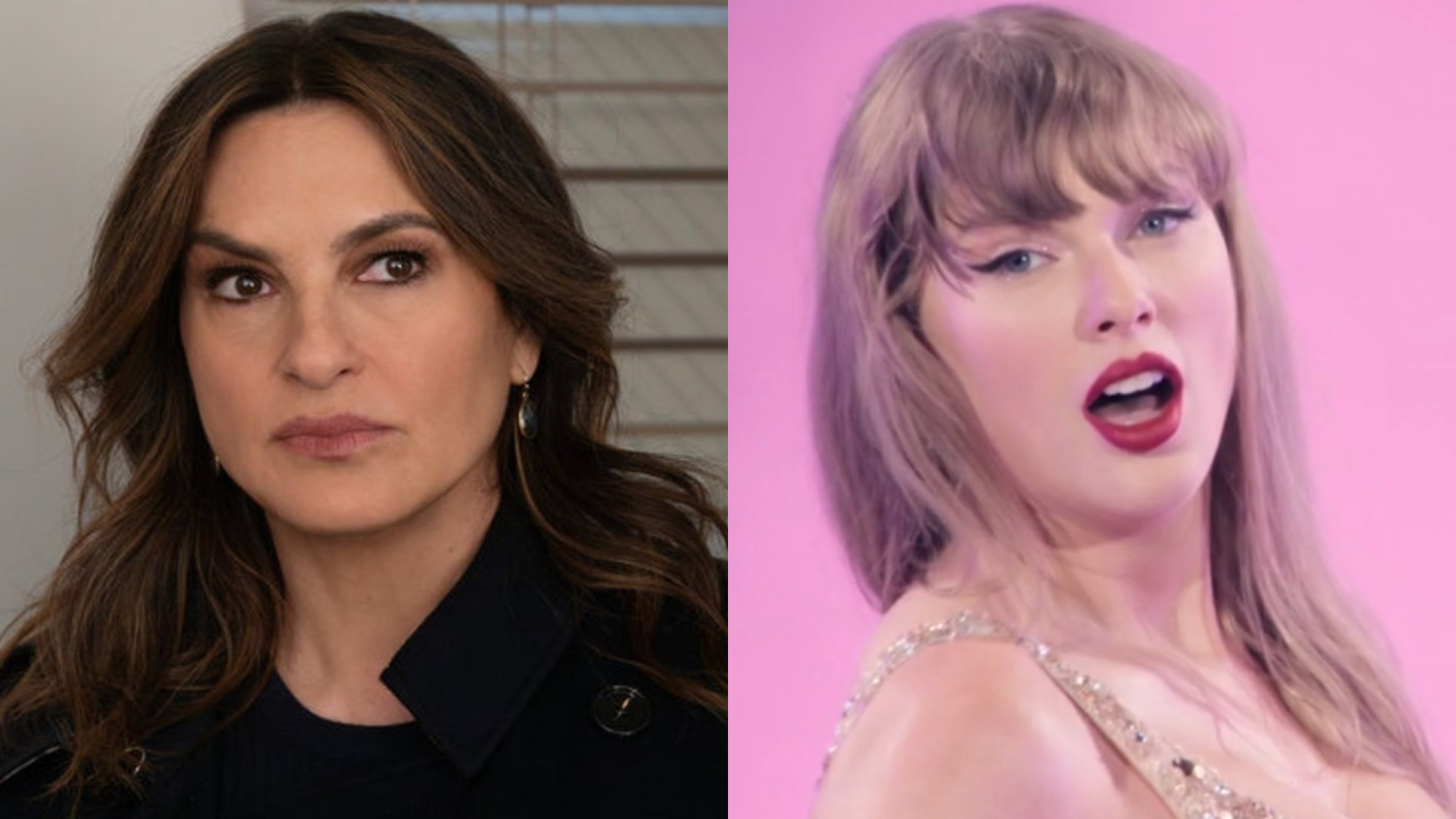 From left to right: A press image of Mariska Hargitay on SVU and a screenshot of Taylor Swift during the Eras Tour. 