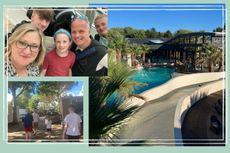Three images of our writer and her family at the waterpark at Eurocamp's La Rive resort in France 