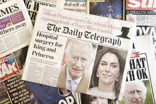 LONDON, ENGLAND - JANUARY 18: In this photo illustration, A selection of front pages from UK daily national newspaper coverage of of King Charles and Catherine, The Princess of Wales being admitted to hospital on January 18, 2024 in London, England