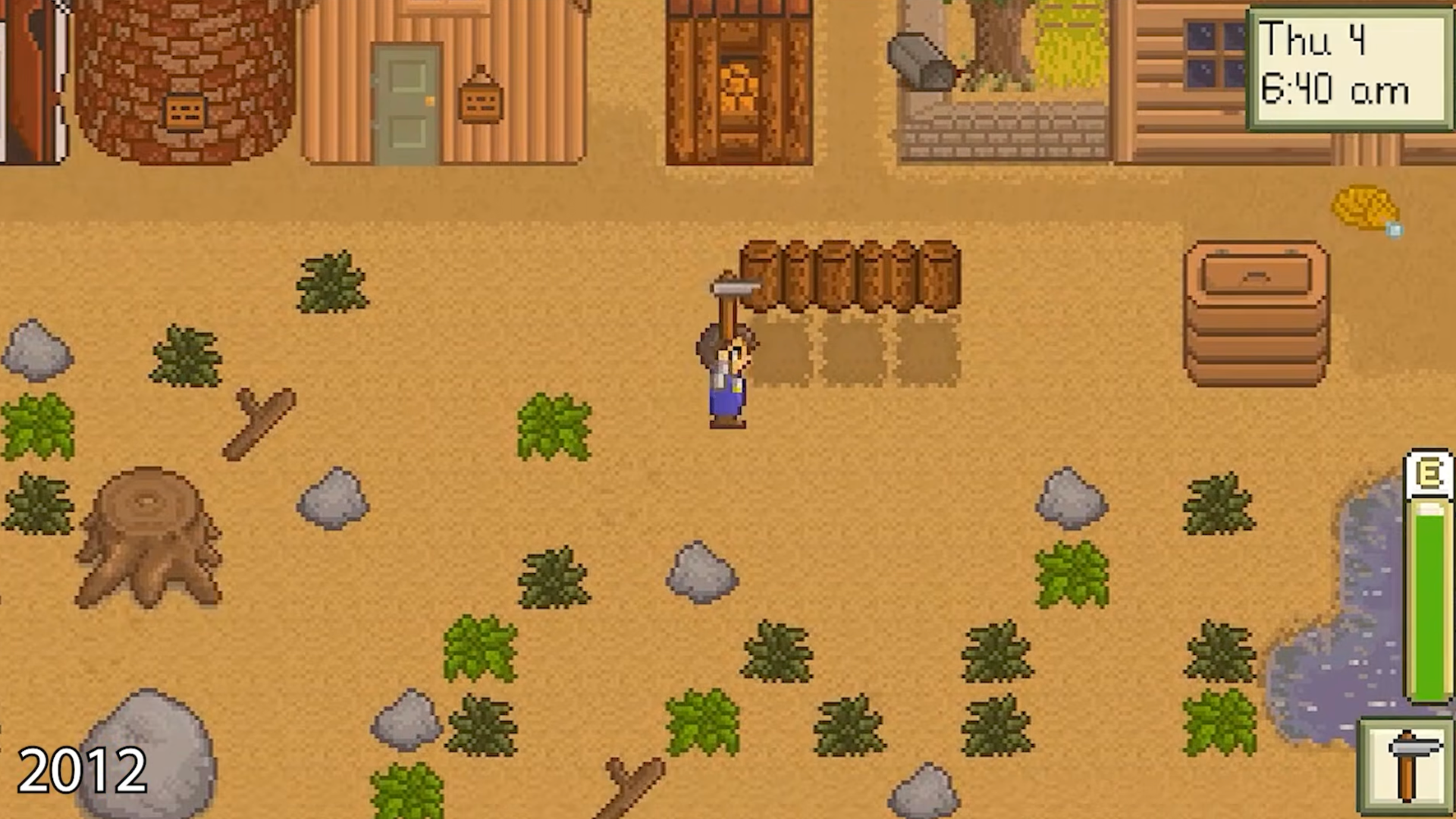 An early build of Stardew Valley shows the player character holding a tool over a dry plot of land