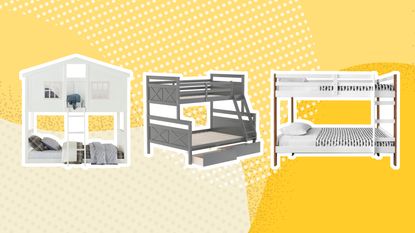 Bunk beds graphic with white bed tht looks like house, grey bed with drawers and white and walnut plain bed