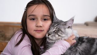 a large Maine coon snuggles a child