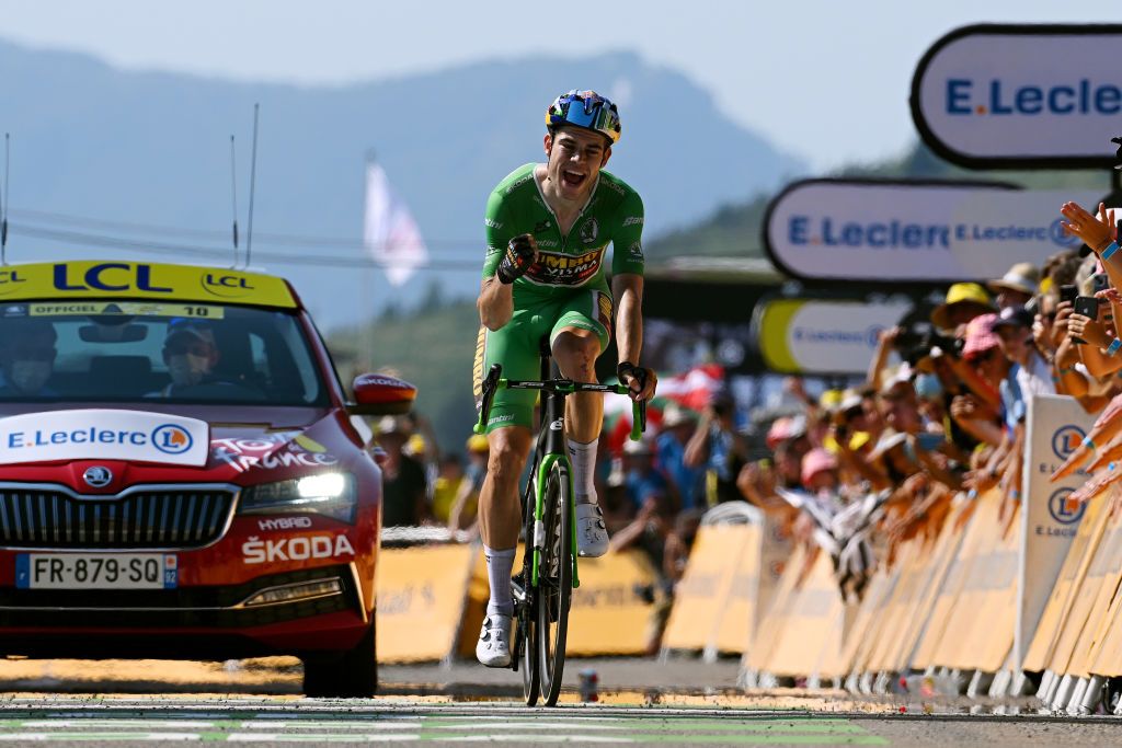 HAUTACAM FRANCE JULY 21 Wout Van Aert of Belgium and Team Jumbo Visma Green Points Jersey celebrates at finish line during the 109th Tour de France 2022 Stage 18 a 1432km stage from Lourdes to Hautacam 1520m TDF2022 WorldTour on July 21 2022 in Hautacam France Photo by Dario BelingheriGetty Images