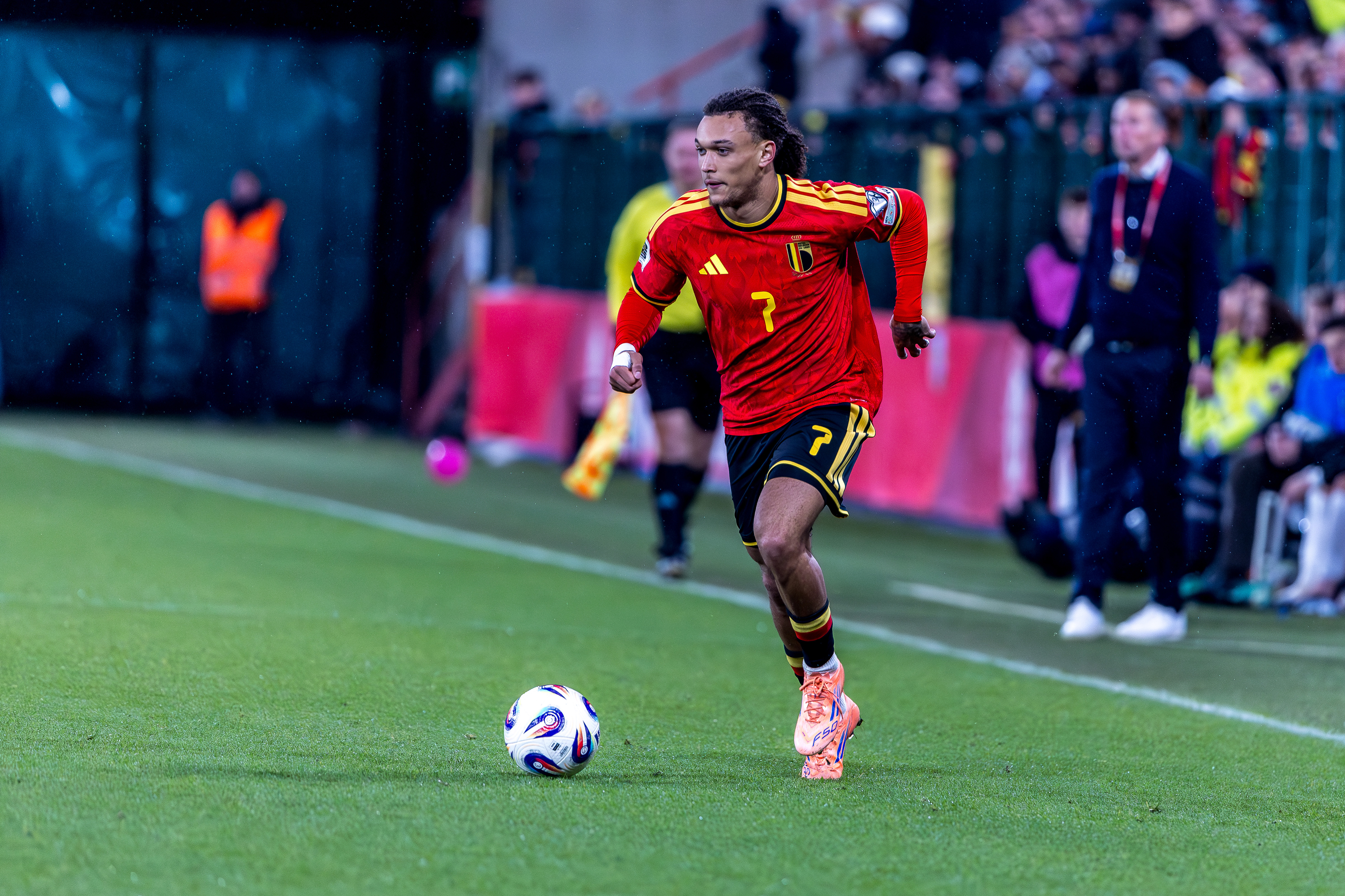Diego Moreira of Belgium runs with the ball during the FIFA World Cup 2026 qualifier match between Belgium and Liechtenstein on November 18, 2025 in Liege, Belgium.