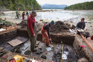 Study researchers Daryl Fedje (left) and Duncan McLaren (right) excavate a site on Calvert Island, looking for human footprints.
