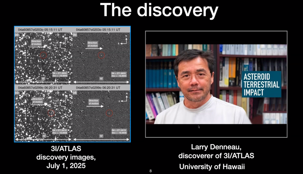 Two images side by side, the one on the left showing the 3I/ATLAS raw image and the one on the right showing a man with dark hair