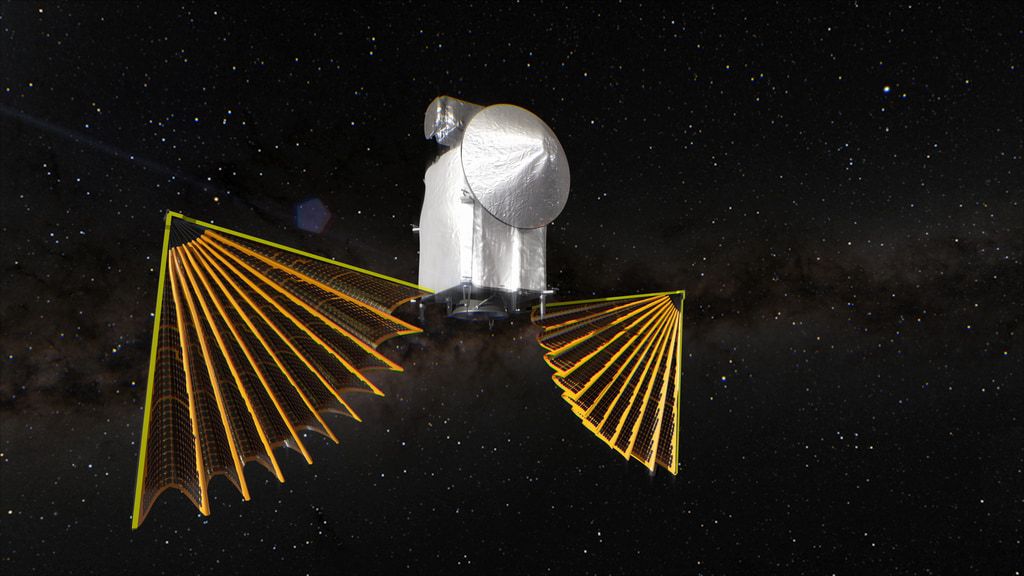 An artist&#039;s depiction of Lucy&#039;s solar arrays in the process of deploying.