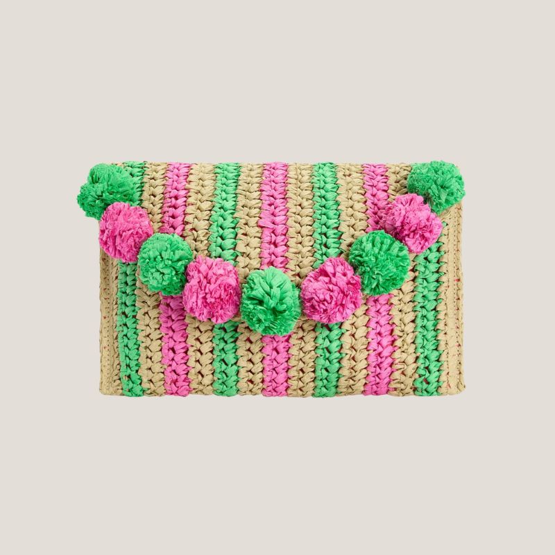 A cutout of a straw pom pom clutch bag from Boden