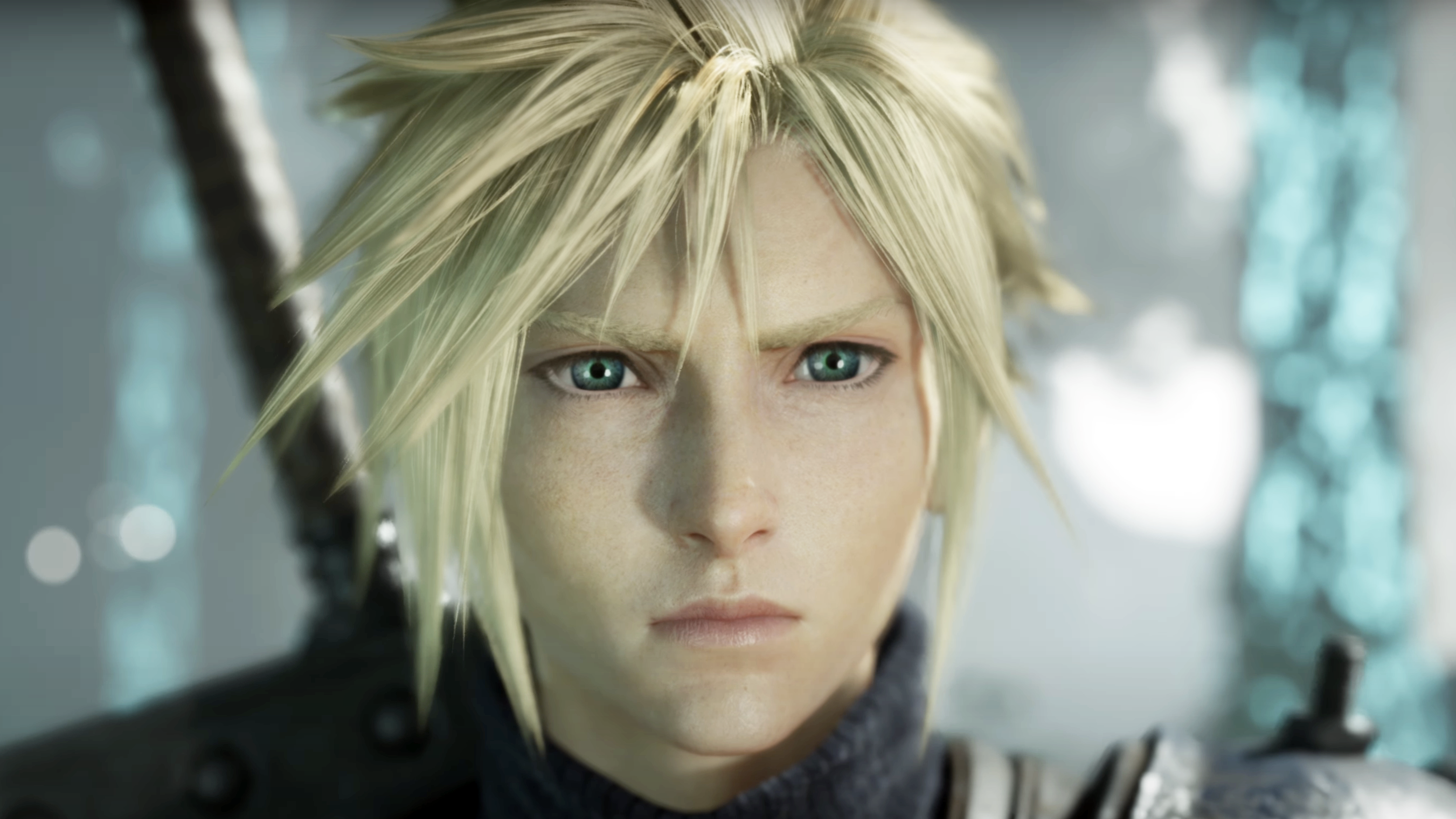 Final Fantasy 7 Rebirth hero Cloud shown staring at screen with giant sword