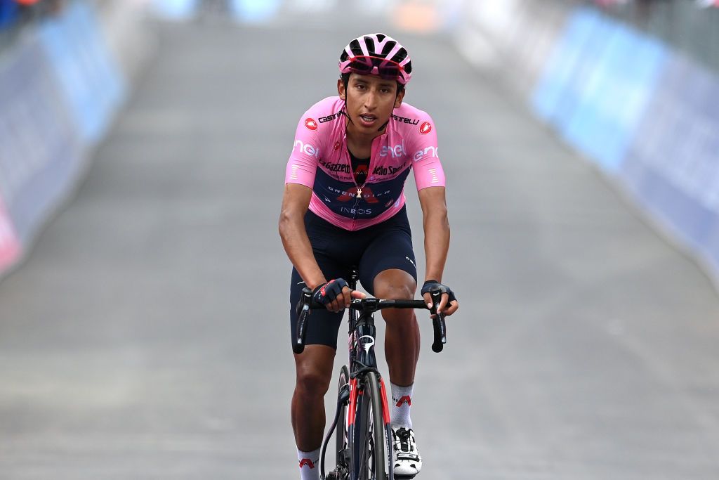 VALLE SPLUGA ALPE MOTTA ITALY MAY 29 Egan Arley Bernal Gomez of Colombia and Team INEOS Grenadiers Pink Leader Jersey 2nd place at arrival during the 104th Giro dItalia 2021 Stage 20 a 164km stage from Verbania to Valle Spluga Alpe Motta 1727m UCIworldtour girodiitalia Giro on May 29 2021 in Valle Spluga Alpe Motta Italy Photo by Stuart FranklinGetty Images