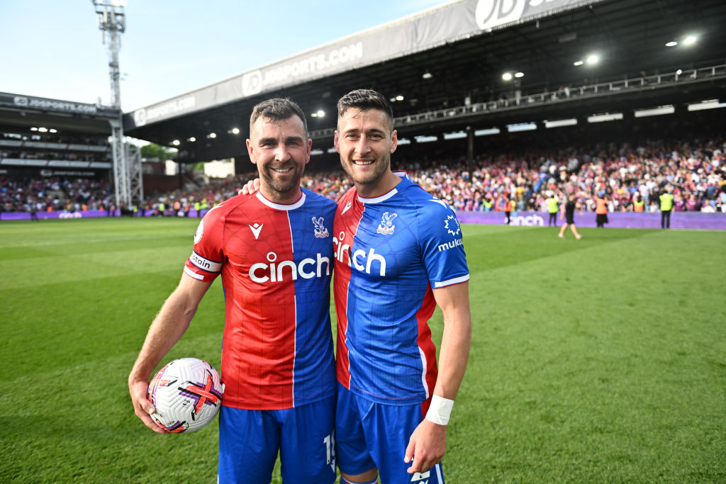 James McArthur and Joel Ward during the Premier League match between Crystal Palace and Nottingham Forest at Selhurst Park on May 28, 2023 in London, United Kingdom.