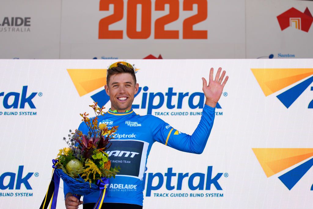 LOBETHAL AUSTRALIA JANUARY 27 Brendan Johnston of Australia and Giant Racing Team celebrates at podium winning the sprint jersey during the 2nd Santos Festival Of Cycling 2022 Mens Elite Stage 1 a 1142km stage from Stirling to Lobethal TourDownUnder on January 27 2022 in Lobethal Australia Photo by Daniel KaliszGetty Images