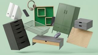 Collection of IKEA home office storage products on green background