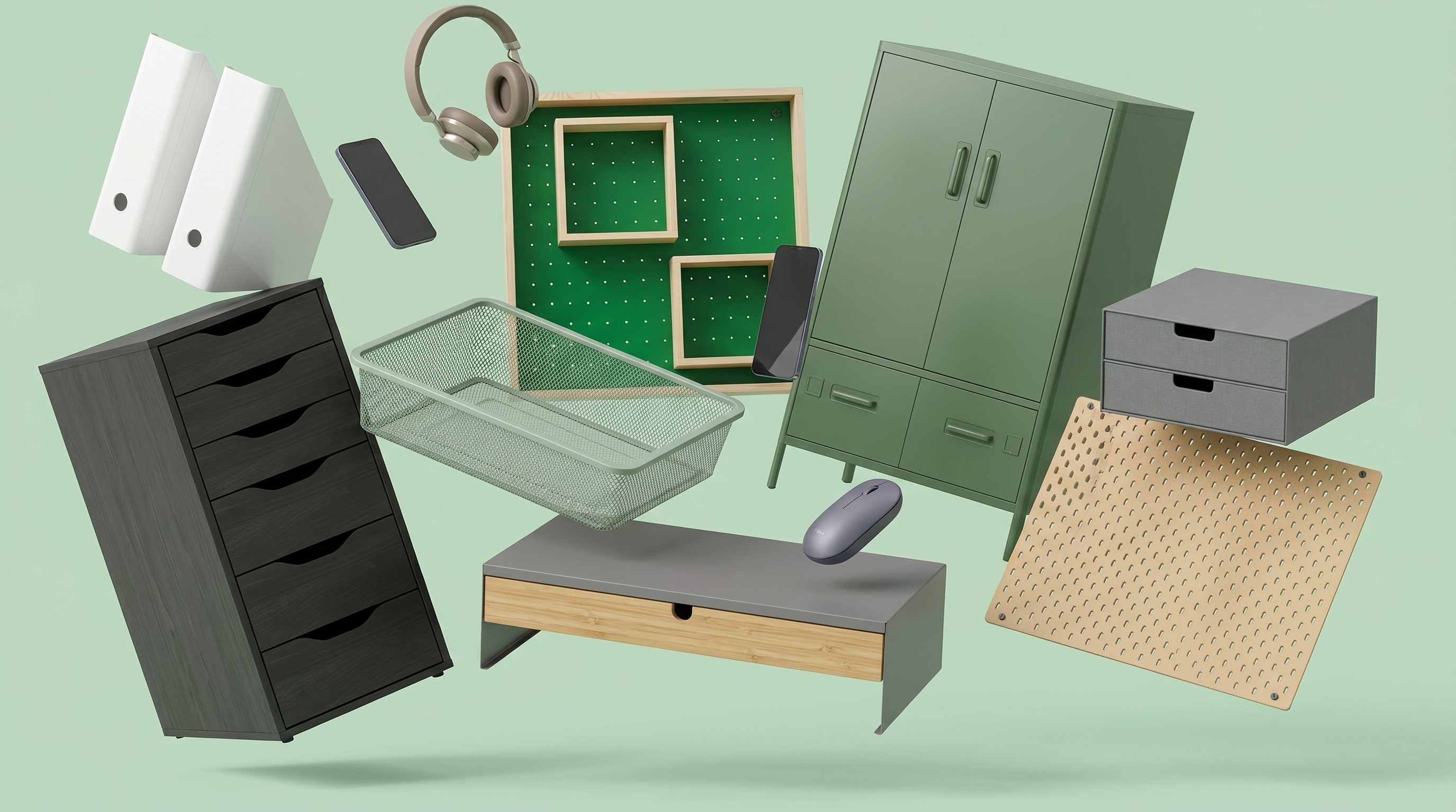 Collection of IKEA home office storage products on green background