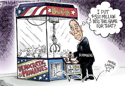 Political Cartoon U.S. claw machine Bloomberg drops out American Samoa prize