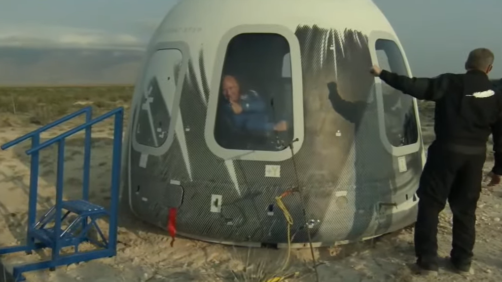 Jeff Bezos seen after landing in the New Shepard capsule on July 20, 2021.