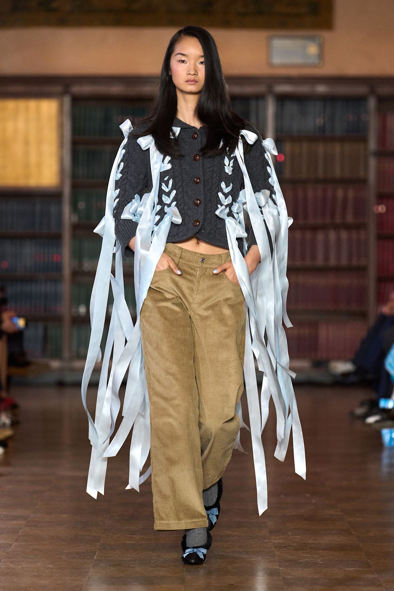 models walk the Sandy Liang Fall 2026 fashion show runway wearing slipper shoes