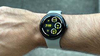 The default Active watch face on the Google Pixel Watch 3.