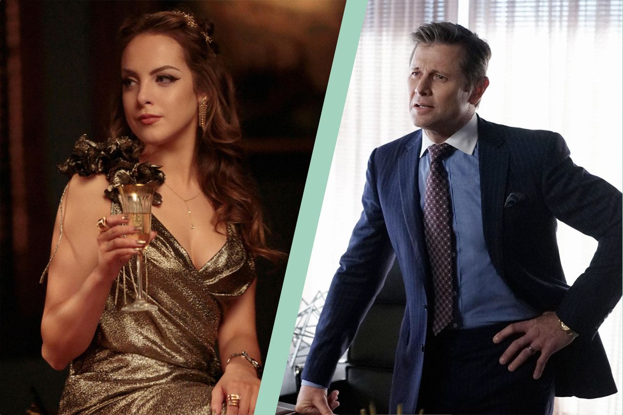 Elizabeth Gillies as Fallon and Grant Show as Blake Carrington in Dynasty