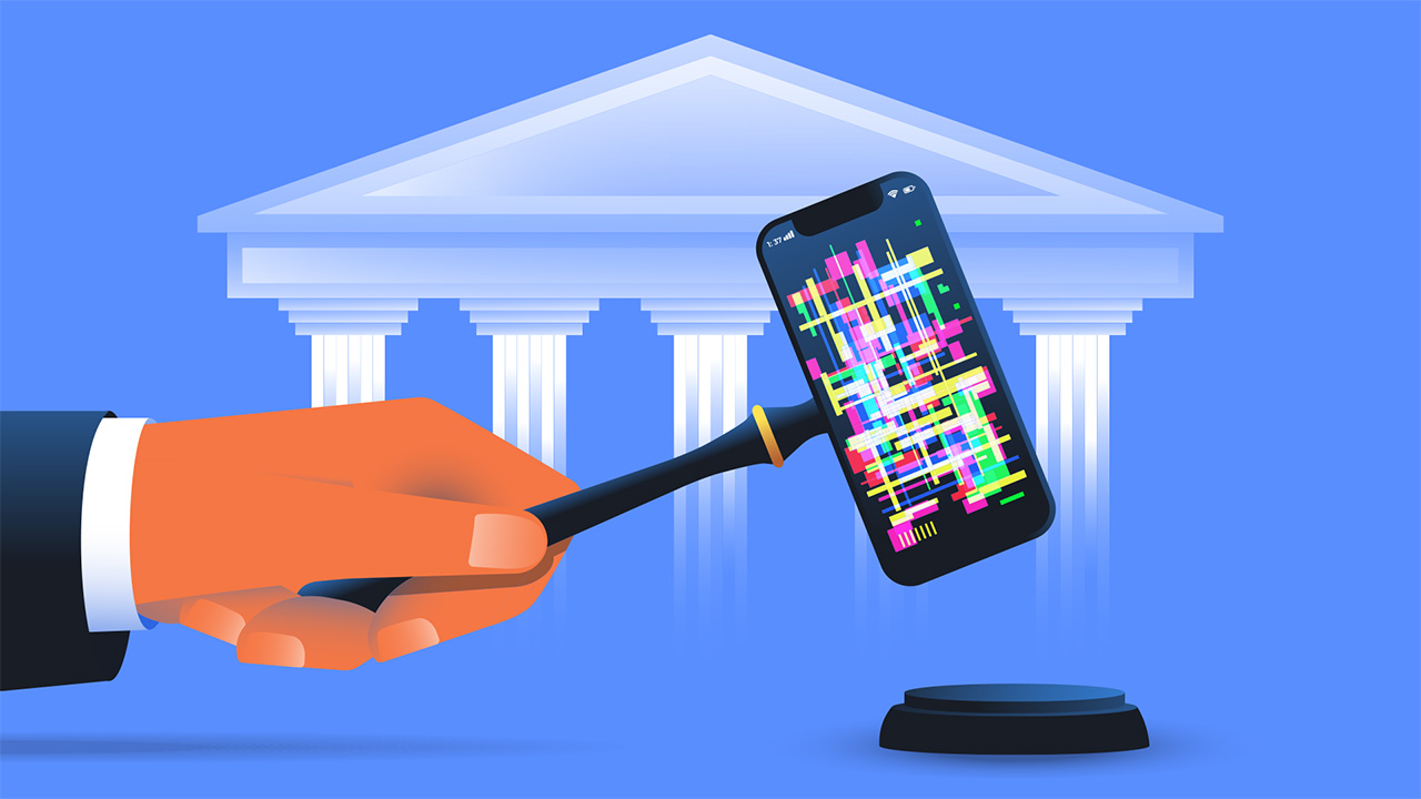 Cartoon hand slamming down a gavel, with the head replaced by a mobile phone. A court building is behind and a blue background 