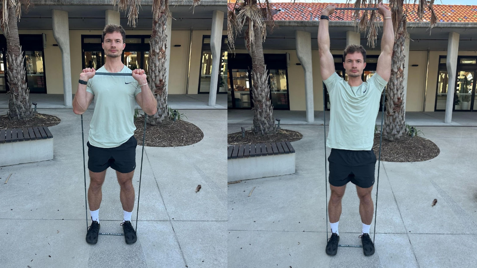 Man performing shoulder press with resistance band