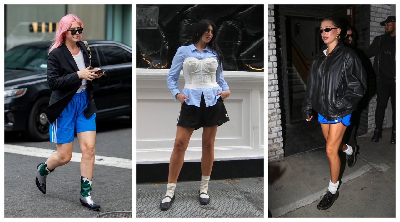 a collage of three women wearing the athletic shorts trend including model Lauren Chan and Rhode founder Hailey Bieber