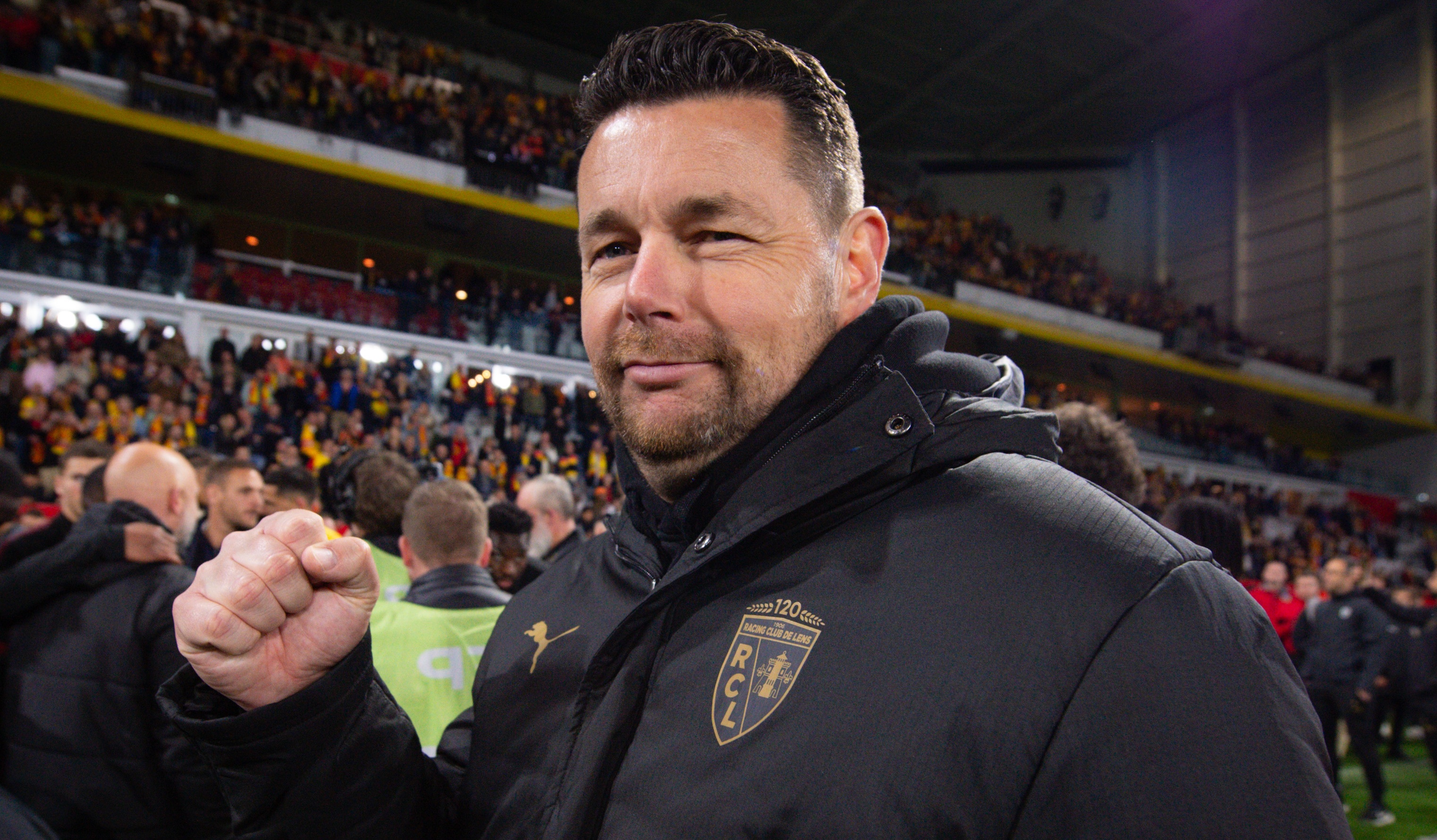 RC Lens Head Coach Pierre Sage celebrates his team's victory following the French Cup Semi Final match between RC Lens and Toulouse