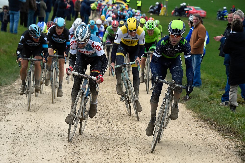 The peloton tackles the gravel roads during stage 1 at Paris-Nice.