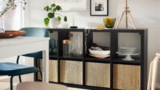 IKEA KALLAX in black with woven bins in kitchen diner
